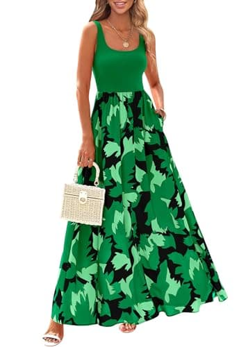 KIRUNDO Women Summer Sleeveless Boho Floral Maxi Dress 2026 Scoop Neck Tank A Line Flowy Beach Vacation Resort Wear Sundress(Dark Green, XX-Large) - Image 1