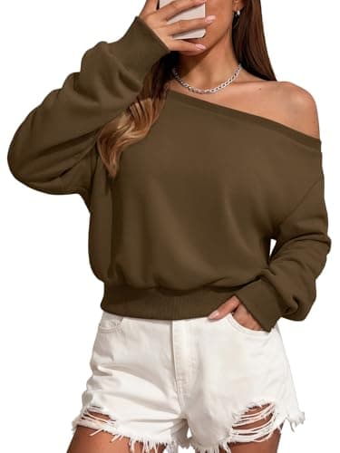 ATHMILE Womens Brown Off the Shoulder Sweatshirt Crop Top Long Sleeve Pullover Comfy Sexy Y2K Casual Fall Outfits 2026 - Image 1