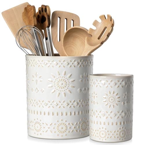 LOVECASA Utensil Holder, 7.2"+5.4" Ceramic Utensil Holder for Countertop, Large Cooking Utensil Crocks for Kitchen Counter, Farmhouse Utensil Vase for Housewarming, Kitchen Decor, Set of 2, Oasis - Image 1