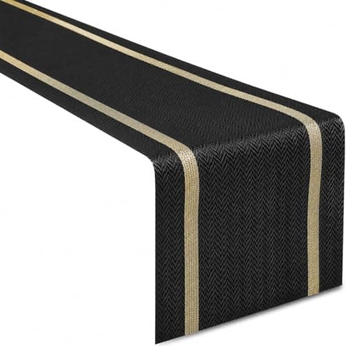 FAVE Woven Vinyl Table Runner Black Table Runner Woven with Golden Threads 120x12 Inches Heat Resistant Dining Table Mats for Wedding, Banquets, Birthday, Party, Restaurant (Black, 1PCS) - Image 1