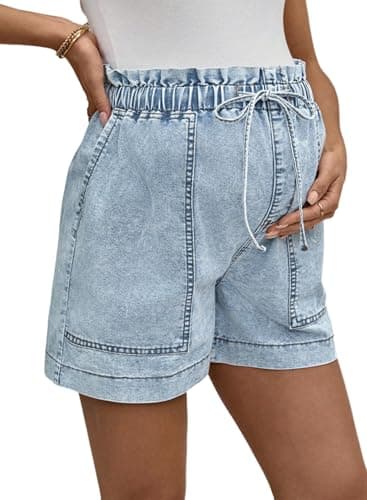 BLENCOT Women Maternity Jeans Shorts High Rise Stretchy Drawstring Plus Size Denim Summer Workout Pregnancy Comfy Clothes with Pockets Medium Iceland Blue - Image 1