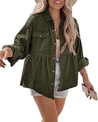 Tutorutor Womens Corduroy Shirts Casual Long Sleeve Button Down Blouses Tunic Babydoll Dress Loose Pocket Jacket Shackets Green - Image 1