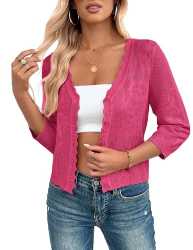 Kate Kasin Hot Pink Cropped Cardigans for Women Lightweight 3/4 Sleeve Button Down Crochet Knit Textured Shrug Sweaters Top Large - Image 1