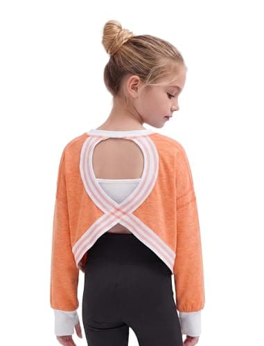 Gogokids Girls Shirts Long Sleeve Athletic Shirts Open Back Tops Active Sports Tshirts Yoga Workout Crop Tees, A-Orange White, 7-8 Years