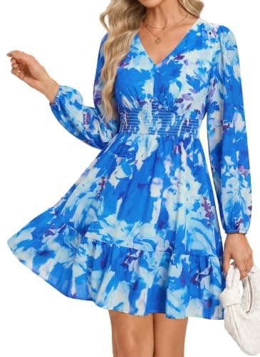 GRACE KARIN Summer Floral Mini Dress 2026 Fall Long Sleeve Wedding Guest Dress A Line Flowy Boho Short Dresses with Pockets Sky Blue Floral 2XL - Image 1