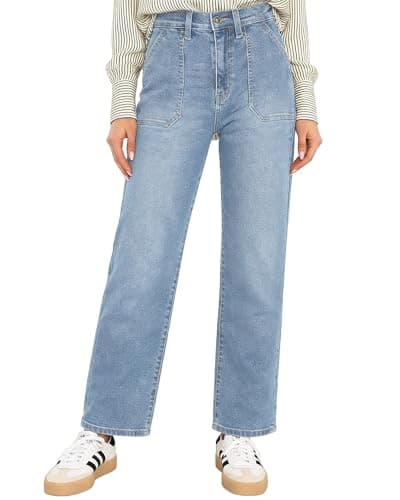 Flvsun Women's High Waisted Straight Leg Jeans Trendy Stretchy Bootcut Ankle Length Patch Pocket Denim Pants Light Blue L - Image 1