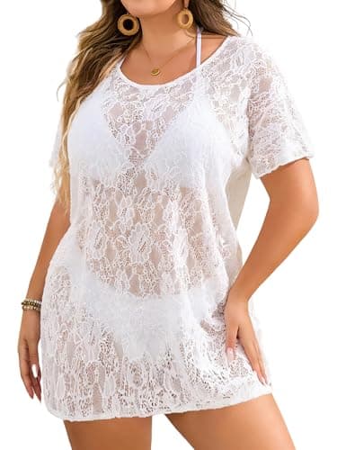 Charming Ashley Women's Lace Swim Cover-Up, Vacation Swim Dress, Summer Loose-Fit Bikini Cover-Ups, Beachwear White - Image 1