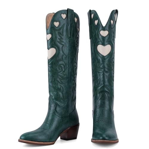 POYOIOR Green Women Western Cowboy Boots with Heart Pattern Classic Embroidered Chunky Heel Cowgirl Fashion Long Booties Round Toe Fashion Tall Boots for 2025 Fall Winter Size 11 - Image 1