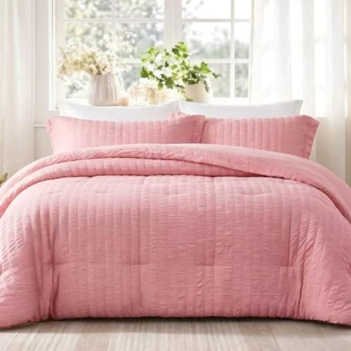 Quataly Queen Comforter Set Peach Pink,3PCS Seersucker Lightweight Bedding Comforter for All Season, Queen Size(90''×90'' Comforter & 2 Pillowcases) - Image 1