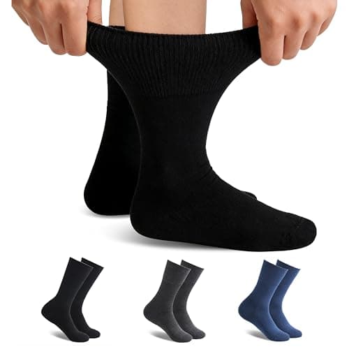 Forcool 3 Pairs Diabetic Merino Wool Socks Wide Calf Non Binding Loose Top Mid Calf Cushion Diabetes Dress Crew Socks Circulation, Large Black Blue Gray - Image 1