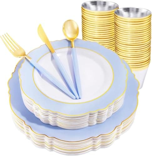 WDF 150pieces Baby Blue Plastic Plates with Gold Rim - Disposable Gold Plastic Silverware With Blue Handle-Baroque Light Blue&Gold Disposable Plates Dinnerware for Wedding/Party/Baby Shower - Image 1