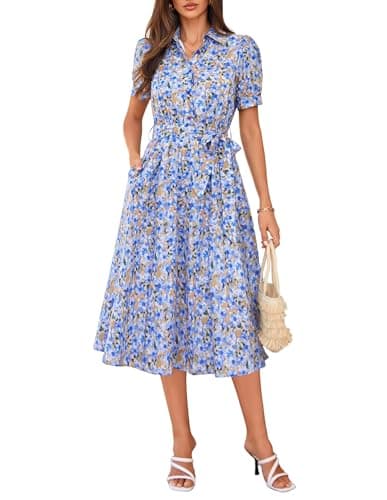GRACE KARIN Womens Summer Floral Wedding Guest Dress 2026 Cotton Puff Short Sleeve Midi Shirt Dress Flowy Boho Sundresses with Pockets Belt Blue Orange S - Image 1
