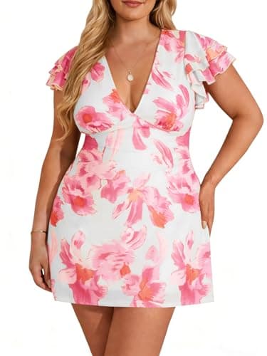 Beautife Women's Plus Size Floral Dress Summer Deep V Neck Ruffle Cap Sleeve Bodycon Mesh Cocktail Party Club Mini Dresses White - Image 1