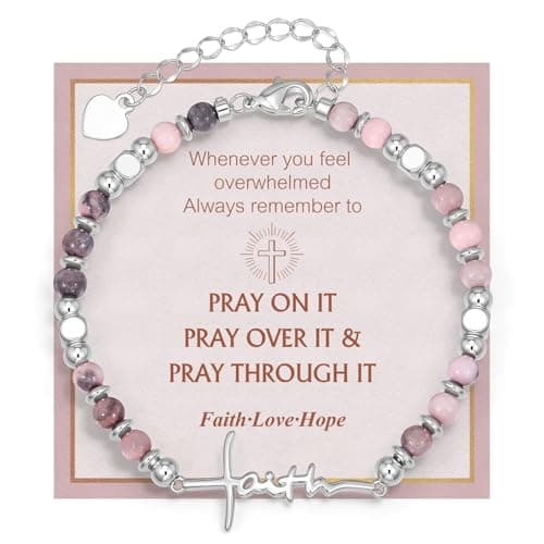 Faith Cross Bracelet for Women, Christian Inspirational Natural Stone Beaded Bracelet with Faith Words, Religious Jewelry Gift for Mother's Day Birthday Blessing Present for Mom Wife Grandma (Pink) - Image 1