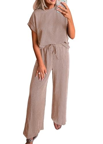 KIRUNDO 2 Piece Sets for Women Dressy Casual Ribbed Knit Short Sleeve Tops Wide Leg Pants Lounge Set Travel Airport Outfits(Camel, Large) - Image 1