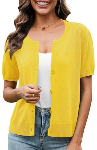 VIISHOW Summer Lightweight Cropped Cardigans for Women Lightweight Short Sleeve Crew Neck Shrugs Yellow, XX-Large - Image 1
