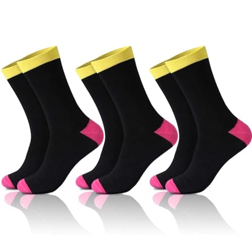 NKMOOS Color Block Women's Black Crew Socks Size 9-11,Thin Black Socks for Women Crew Cotton Blend,Fashion Funny Retro Soft Cozy Casual Everyday Breathable Gifts for Women Yellow Pink Sock 3 Pairs