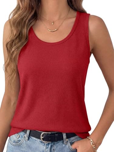 ANRABESS Tank Tops for Women Waffle Knit Scoop Neck Flowy Casual Sleeveless Shirts 2026 Summer Clothes Bright Red Large - Image 1