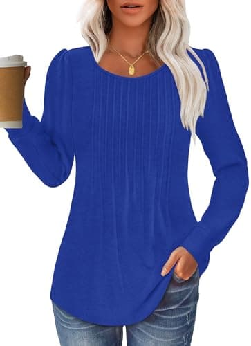 GKBK Women Long Sleeve Shirts Fall Tops Dressy Pleated Scooped Neck Tunic Tops for Leggings Royal Blue L - Image 1