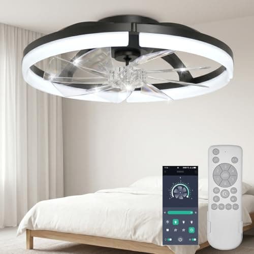 20" Ceiling Fan with Light, Upgraded Low Profile Fan, Flush Mount Ceiling Fan, 6 Speeds, Dimmable LED, App & Remote Control, Quiet DC Motor, for Bedroom, Living Room, Black - Image 1