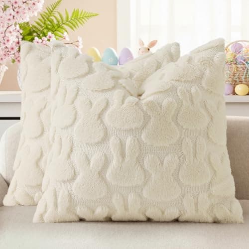 decorUhome Easter Bunny Pillow Covers 18x18 Inch Set of 2, Soft Plush Faux Wool Jacquard Beige Rabbit Cushion Covers, Farmhouse Neutral Spring Easter Holiday Decor for Couch Sofa Bed - Image 1