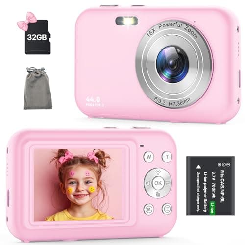 Digital Camera, Kids Camera with 32GB Card, FHD 1080P 44MP Vlogging Camera, 16X Zoom Point and Shoot Digital Camera Compact Portable Rechargeable Cameras for Teens Boys Girls Students Seniors-Pink - Image 1