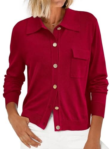 PRETTYGARDEN Women's 2026 Spring Long Sleeve Knitted Button Down Shirts Light Collar Cardigan for Women Dressy Casual Tops (Red, Medium) - Image 1