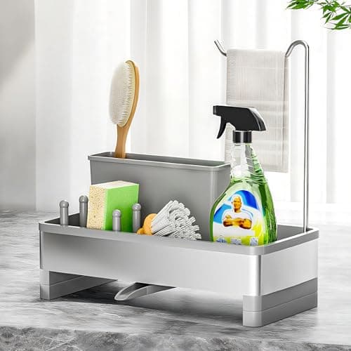 Ewaiira Sponge Holder for Kitchen Sink, Stainless Steel Sink Caddy with Brush Holder & Dishcloth Rack, Countertop Sink Organizer, Soap Dispenser Kitchen Organizers Storage Essentials (F-Gray 9.8âł)