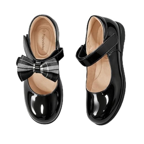 Popusister Toddler Mary Jane Shoes for Girls Black School Uniform Shoes with Cute Bow, Classic Little Girl Dress Shoes for Princess Party Wedding, Soft Leather Fashion School Flats for Toddlers - Image 1
