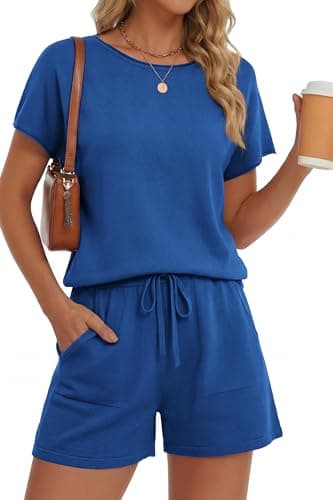 PRETTYGARDEN Shorts Sets Women 2 Piece Outfits 2026 Summer Casual Comfy Travel Outfits Crewneck Tops And Shorts With Pockets (Blue,S) - Image 1