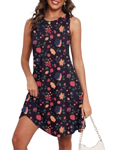 KORSIS Tanktop Summer Dress for Women Elegant T-Shirt Floral Dresses Sleeveless Swing A Line Formal Beach Sundress with Pockets Iridescent Rose 2XL - Image 1