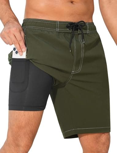 SILKWORLD Mens Quick Dry Board Shorts Solid Stretch Swimsuit Lined Swim Trunks with Elastic Waistband Swimwear for Men, Army Green, Medium - Image 1