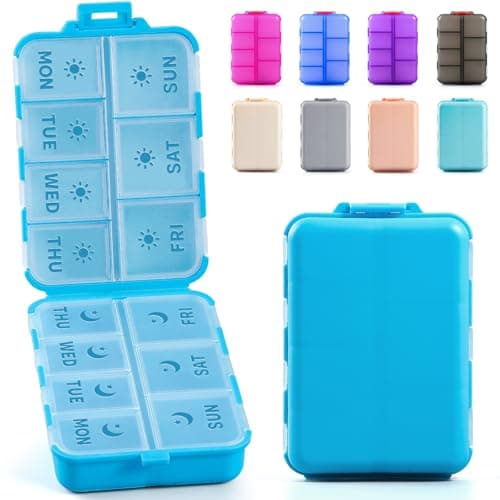 New Foldable & Double Protection Portable Weekly Pill Organizer 2 Times A Day with Etched Labels, AM PM 7 Day Week Medicine Box, Daily Travel Pill Case Holder Dispenser for Vitamin, Supplement - Blue - Image 1