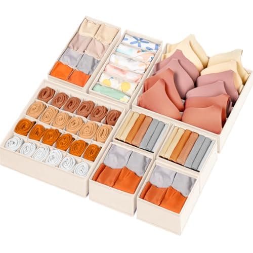 Drawer Organizer Clothes, 8 Pack Dresser Organizer Bins for Baby Clothes, Underwear Sock, Fabric Closet Organization and Storage Dividers for Nursery Bedroom (48 Compartments, Beige) - Image 1