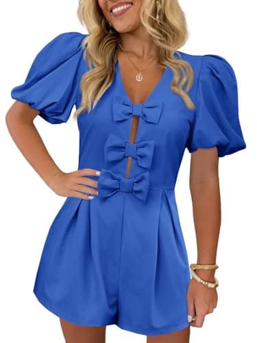Cicy Bell Womens Cute Rompers Bow Front Puff Sleeve V Neck Short Jumpsuits Sexy Summer Outfits with Pockets - Image 1