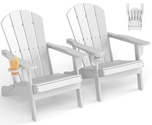 GREENVINES Folding-Adirondack-Chairs-Set-of-2 | w/Cup Holder | HDPE Plastic | All-Weather Patio Fire Pit Chairs | for Outdoor Poolside Deck | White - Image 1