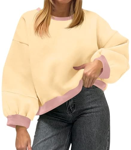 Fisoew Womens Oversized Sweatshirts Crewneck Long Sleeve Pullover 2025 Cute Color Block Casual Fleece Y2k Cropped Tops Beige - Image 1