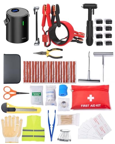 Yetour Emergency Kit - Tire Inflator Portable Air Compressor & Jumper Cables for Car - Winter Auto Assistance Kit with Tow Straps, Car Safety Hammer, Tire Repair Kit, & First Aid Kit - Image 1