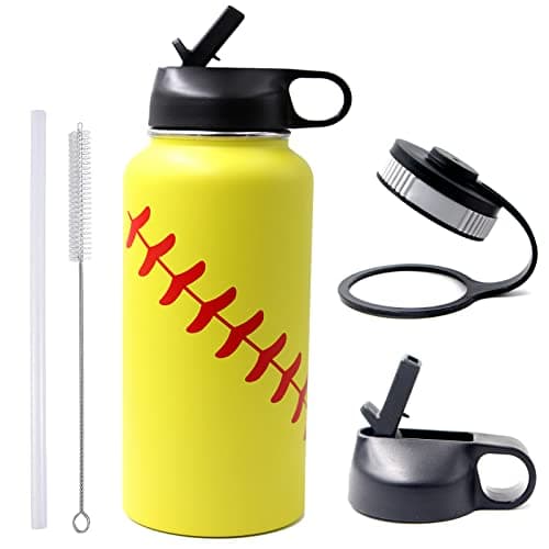 32 oz Softball Water Bottle, Stainless Steel Vacuum Insulated Water Bottle with Straw and 2 Lids, Double Wall Leakproof Sports Flask, Softball Gifts for Girls, Mom, Coach, Players - Image 1