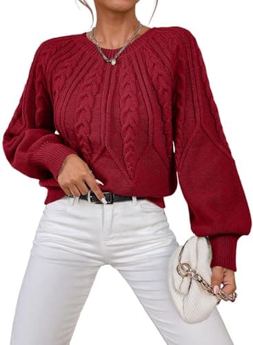Dokotoo Women Christmas Sweater 2026 Autumn Winter Clothes Trendy Cozy Cable Sweaters Crewneck Warm Purple Halloween Sweater Elegant Long Lantern Sleeve Knit Chunky Jumpers Medium - Image 1