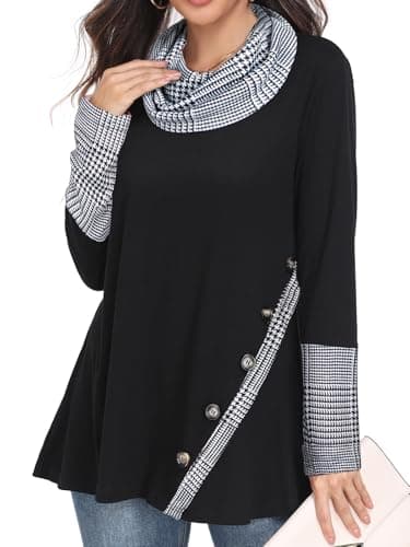 Miusey Long Sleeve Tunic Tops for Leggings Cowl Neck Sweatshirt with Asymmetric Hem Lightweight Pullover Sweaters Dressy Casual Black White Plaid L - Image 1