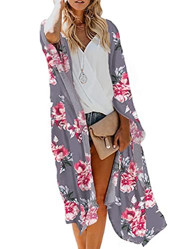 Women's Tropical Floral Boho Beach Long Swimsuit Kimono Cover Ups Summer Chiffon Cardigans Dusters Hawaiian Maternity Tops Sheer Thin Gray Small - Image 1