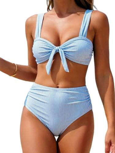 ZAFUL High Waisted Bikini Sets for Women Swim Suits 2026 Tummy Control Ruched Bikini Two Piece Bathing Suit Swimwear Blue Stripe Medium - Image 1