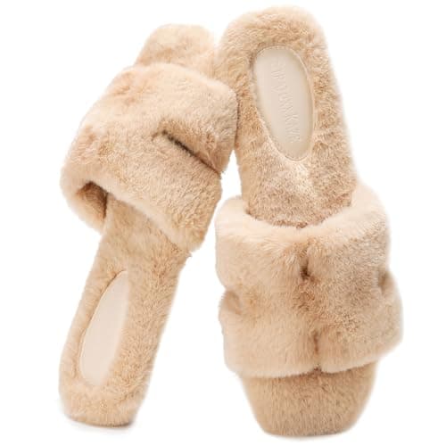 Stratuxx Kaze Womens Fur Slippers Comfy House Slides Sandals Open Toe Memory Foam Indoor Fluffy Slippers for Women Birthday Gift for Mom - Image 1