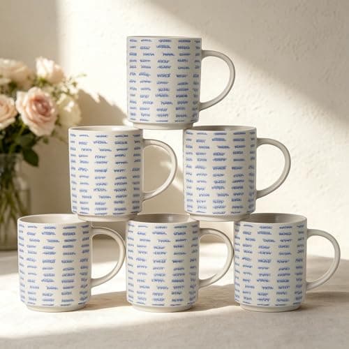 ALOFMO Coffee Mugs Set of 6, 17oz Ceramic Mugs with Handpainted Blue Gray Stripe Pattern, Modern Stackable Coffee Cups, Dishwasher and Microwave Safe Mugs for Home & Office - Image 1