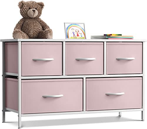 Sorbus Kids Dresser with 5 Drawers - Storage Chest Organizer Unit with Steel Frame, Wood Top, Easy Pull Fabric Bins - Long Wide TV Stand for Bedroom Furniture, Hallway, Closet & Office Organization - Image 1
