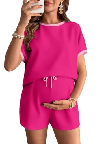 BLENCOT Pajama Sets for Women 2 Piece Maternity Clothes Casual Clorblock Short Sleeve Shorts Pregnancy Outfits Lounge Set Hot Pink Medium - Image 1