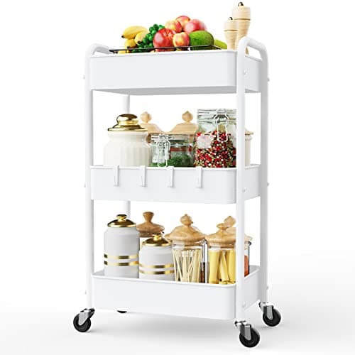 LEHOM 3 Tier Rolling Storage Cart, Metal Trolley Utility Cart with Wheels & Hooks, Easy Assembly Organizer Storage Cart for Bathroom Kitchen Office Bedroom - Image 1