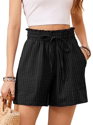 KORSIS Women Shorts High Waist Elastic Summer Lounge Casual Beach Vacation Work Loose Trousers with Pockets White Stripe S - Image 1
