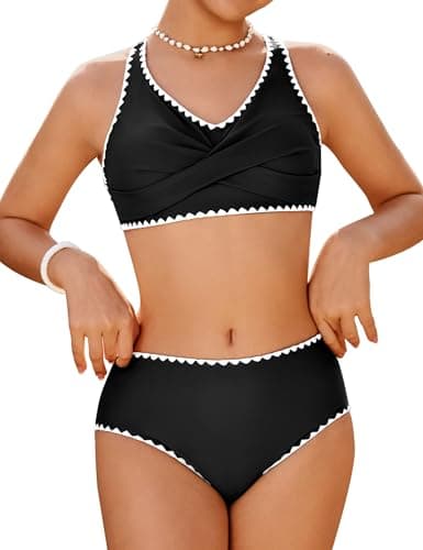 HOZIY Girls Bikini Teen Crisscross Contrast Trim Swimsuits Juniors Two Piece Tie Back Swim Suit Big Kids Bathing Suits Swimwear Size 16-18 Black - Image 1
